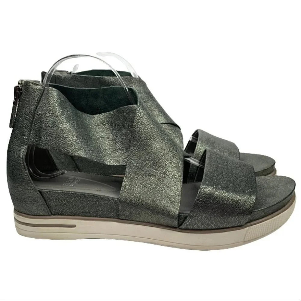 Eileen Fisher sport platform sandals size 10 pewter leather comfy walking